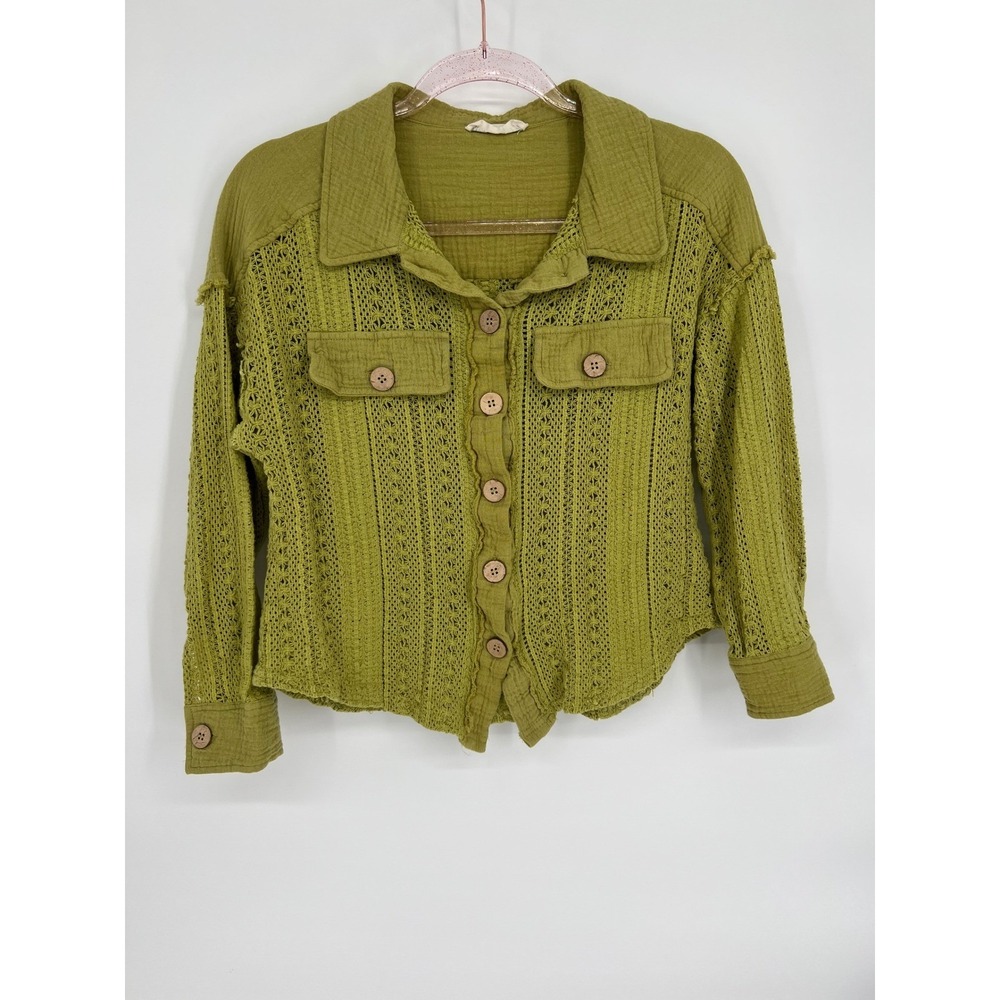 New In Sz S Crochet‎ Knit Shirt Jacket Olive Green Button Down Collared Top